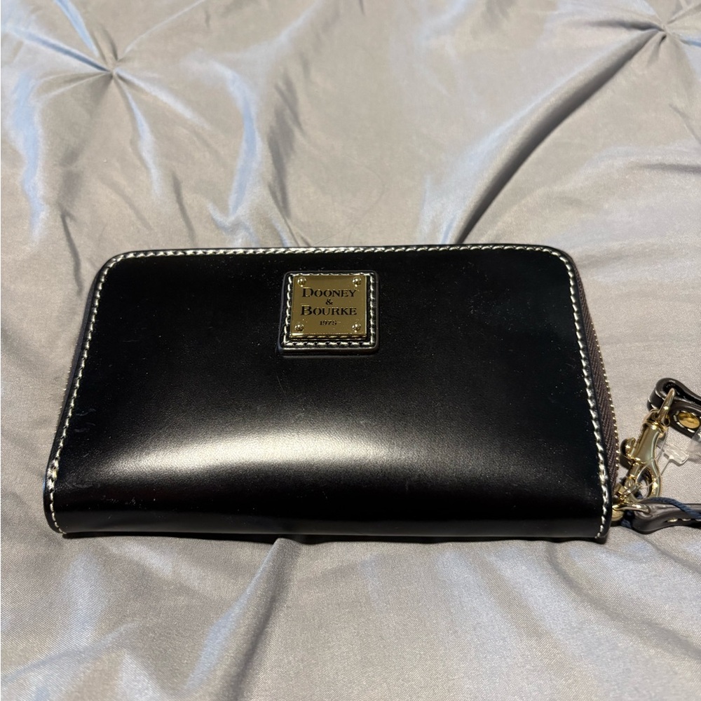 Dooney & Bourke Black Leather Zip-Around Wristlet with Gold Logo